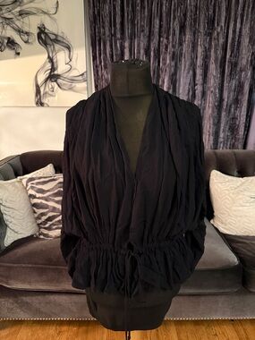 Black Textured Drawstring Waist Blouse